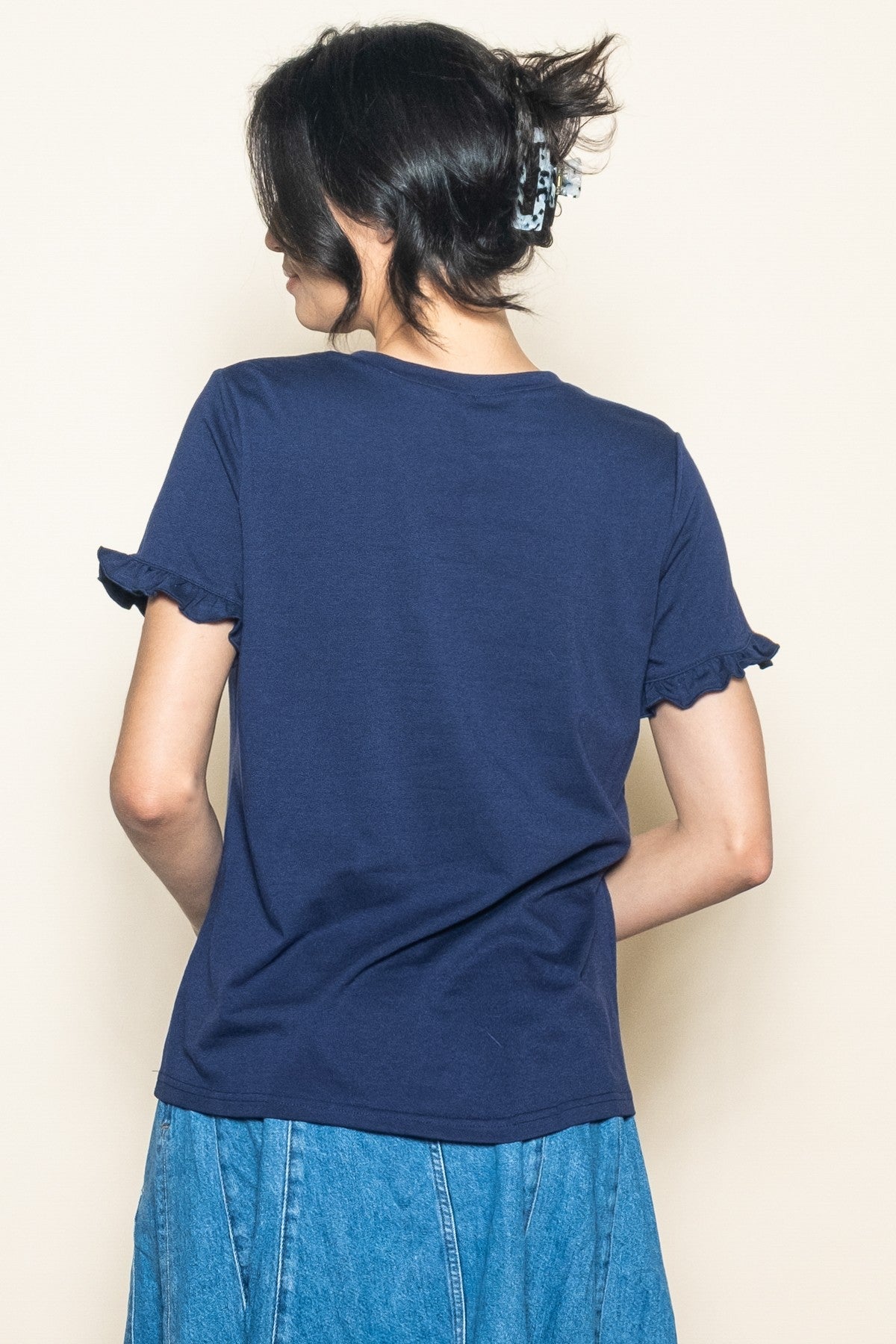 Navy Ruffle Trim Short Sleeve T-Shirt