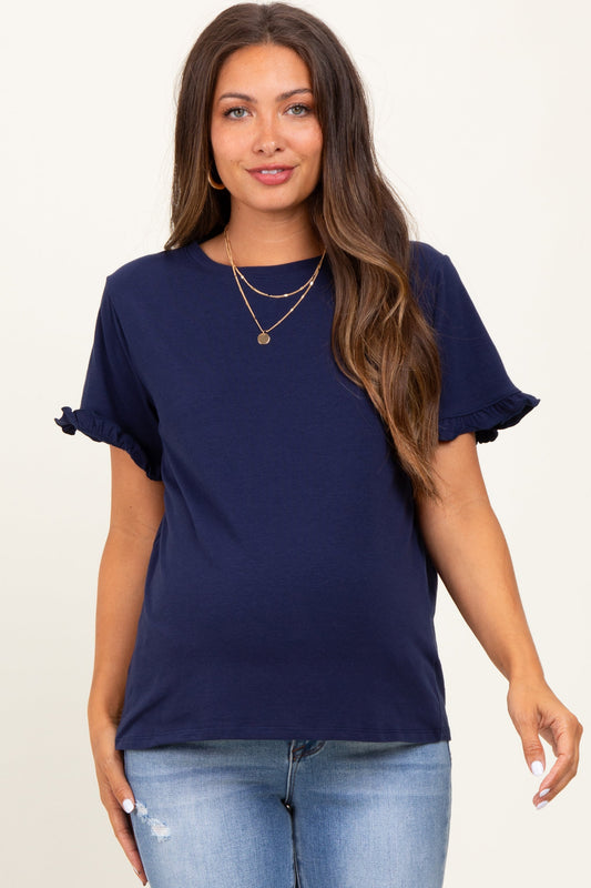 Navy Ruffle Trim Short Sleeve Maternity T-Shirt