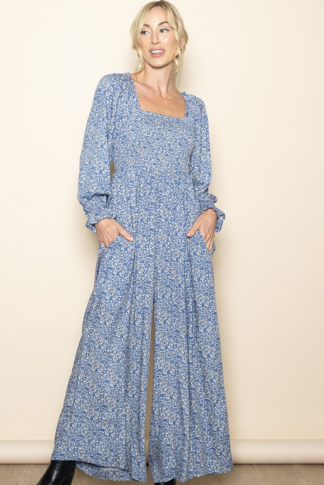 Blue Floral Long Sleeve Wide Leg Maternity Jumpsuit