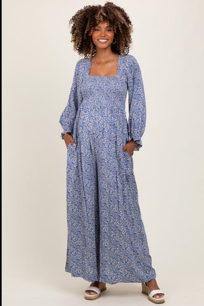 Blue Floral Long Sleeve Wide Leg Maternity Jumpsuit