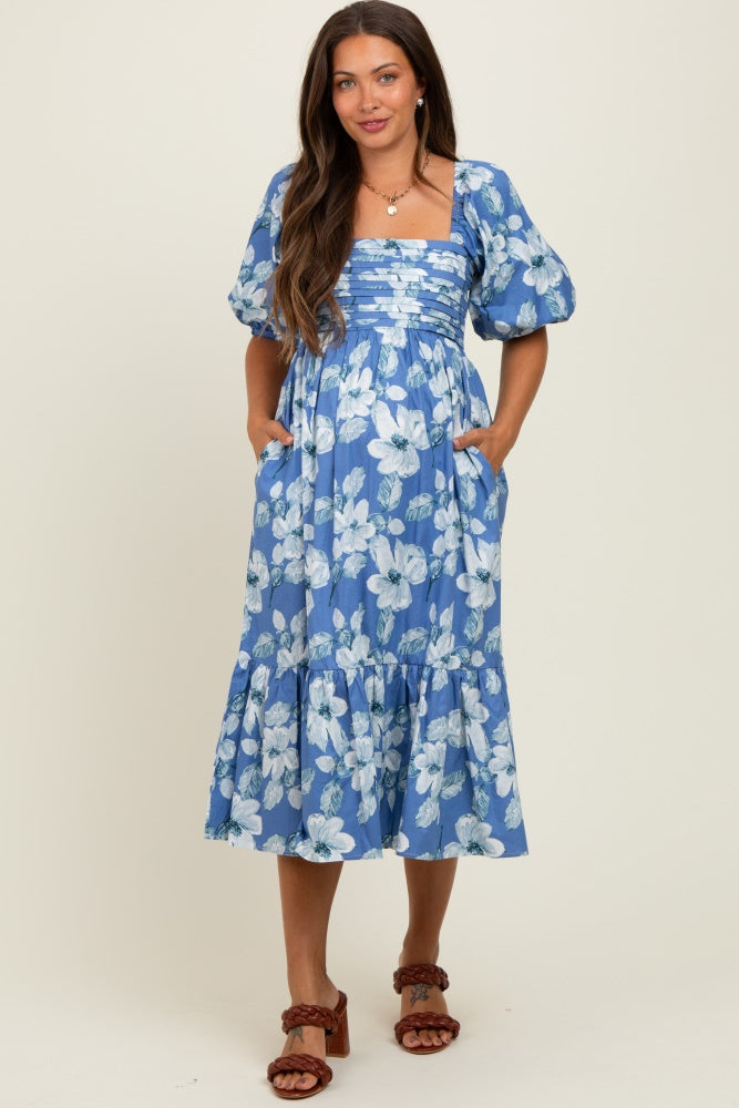 Blue Floral Pleated Bodice Maternity Midi Dress