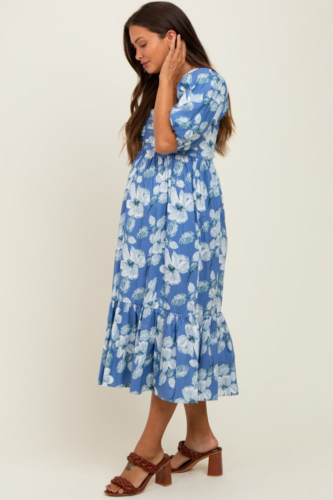 Blue Floral Pleated Bodice Maternity Midi Dress