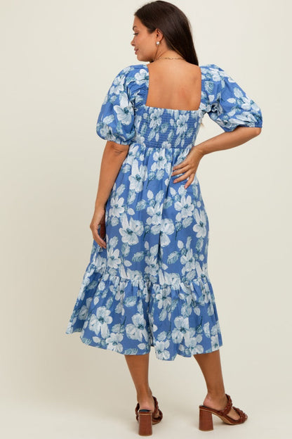 Blue Floral Pleated Bodice Maternity Midi Dress