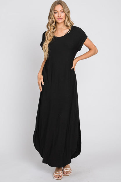 Black Round Hem Side Slit Maxi Dress