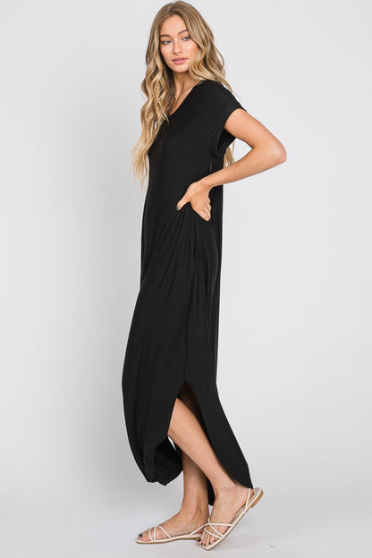 Black Round Hem Side Slit Maxi Dress
