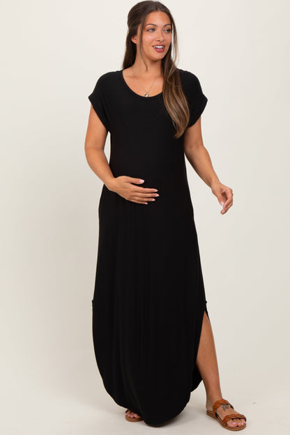 Black Round Hem Side Slit Maternity Maxi Dress