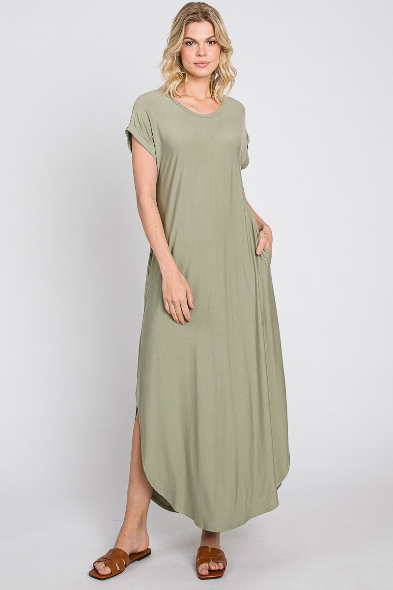 Light Olive Round Hem Side Slit Maternity Maxi Dress