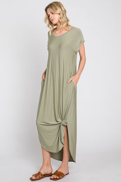 Light Olive Round Hem Side Slit Maxi Dress