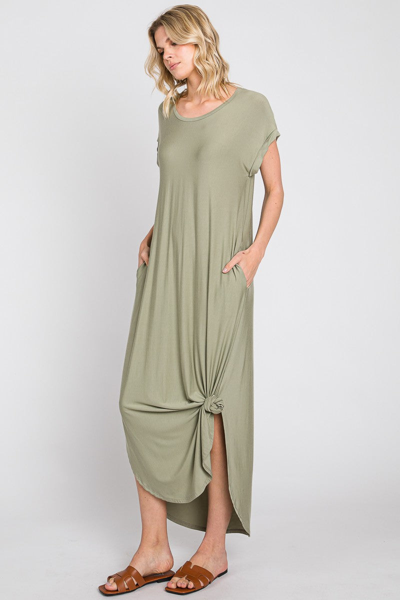 Light Olive Round Hem Side Slit Maxi Dress