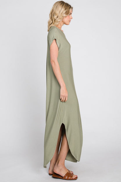 Light Olive Round Hem Side Slit Maxi Dress