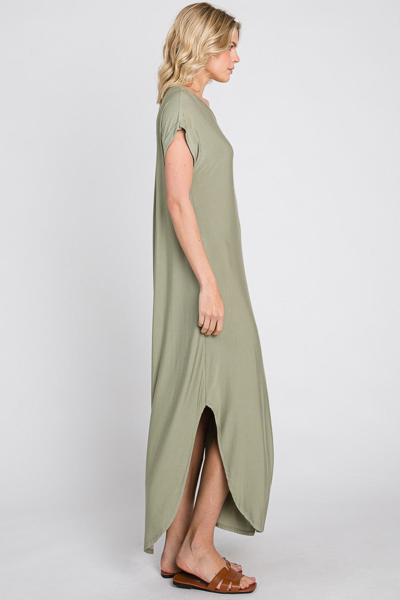 Light Olive Round Hem Side Slit Maxi Dress
