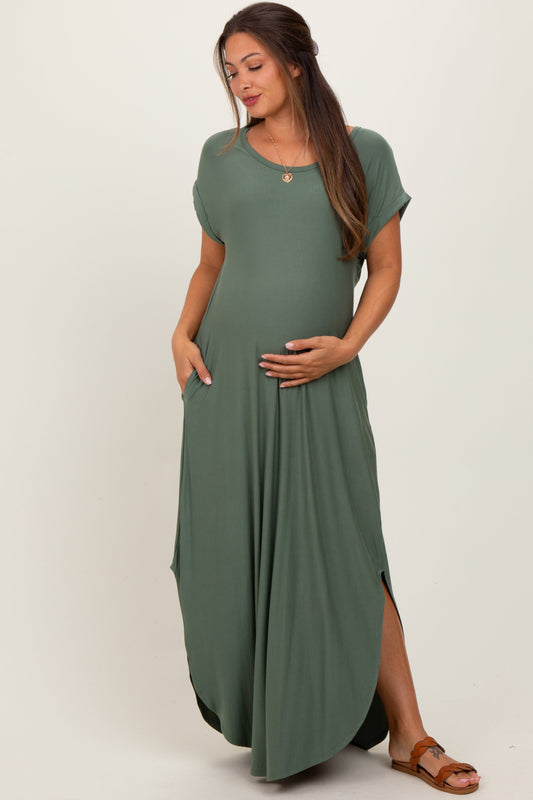 Light Olive Round Hem Side Slit Maternity Maxi Dress