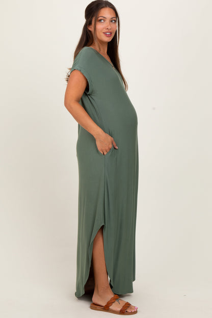 Light Olive Round Hem Side Slit Maternity Maxi Dress