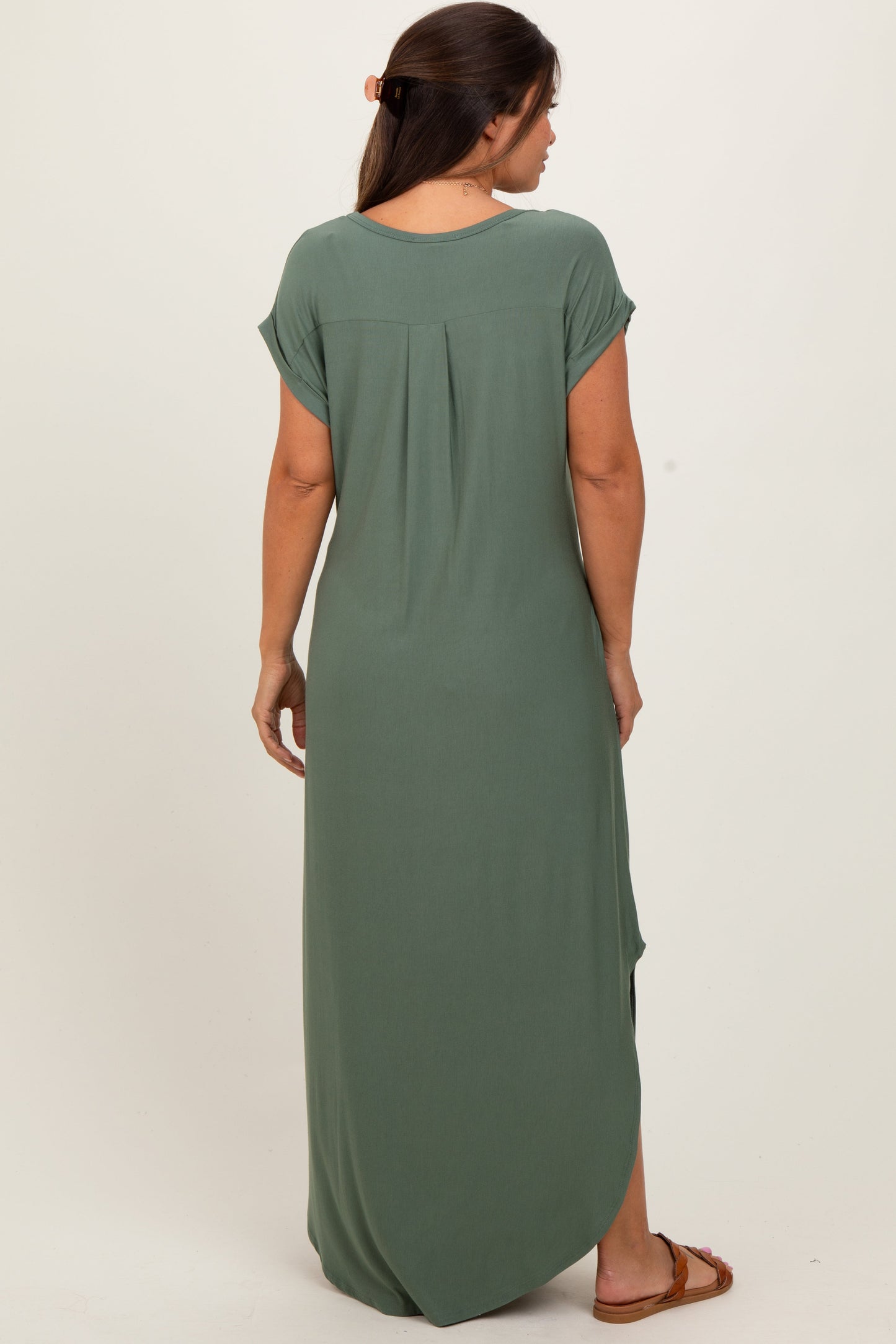 Light Olive Round Hem Side Slit Maternity Maxi Dress