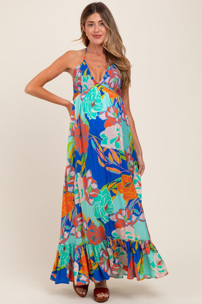 Royal Blue Floral Halter Cutout Tie Back Maternity Maxi Dress