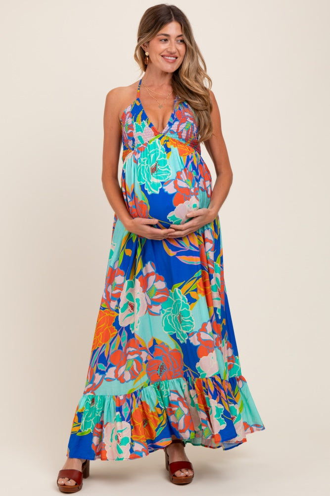 Royal Blue Floral Halter Cutout Tie Back Maternity Maxi Dress