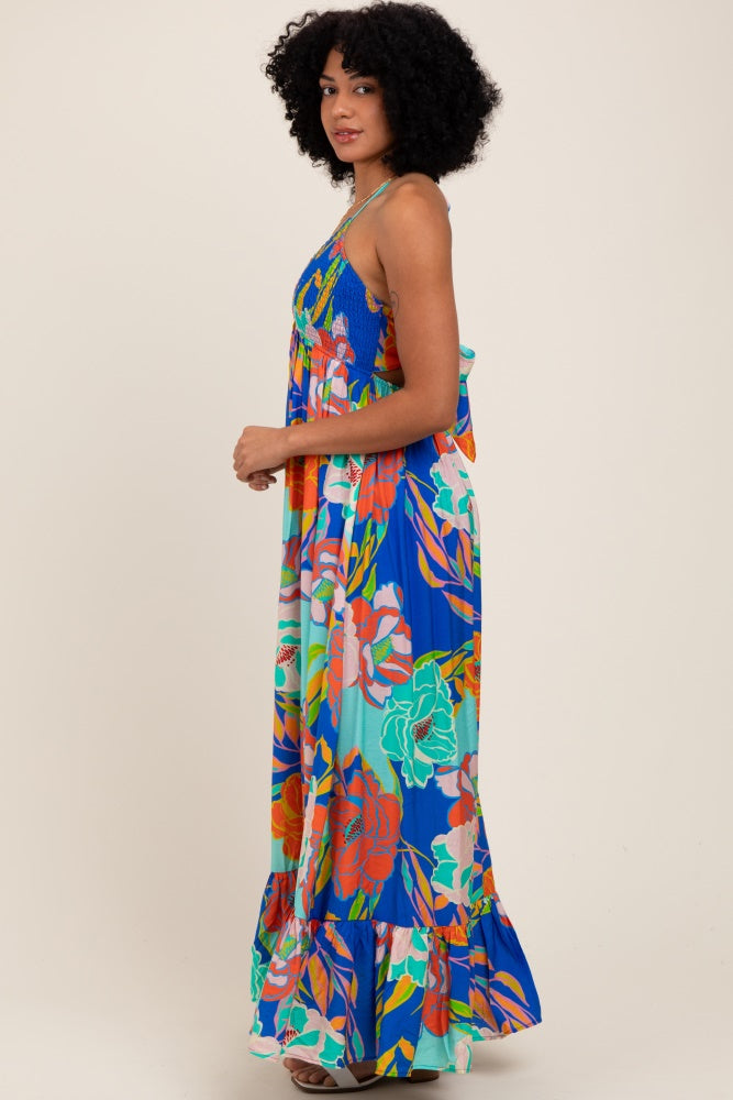 Royal Blue Floral Halter Cutout Tie Back Maxi Dress