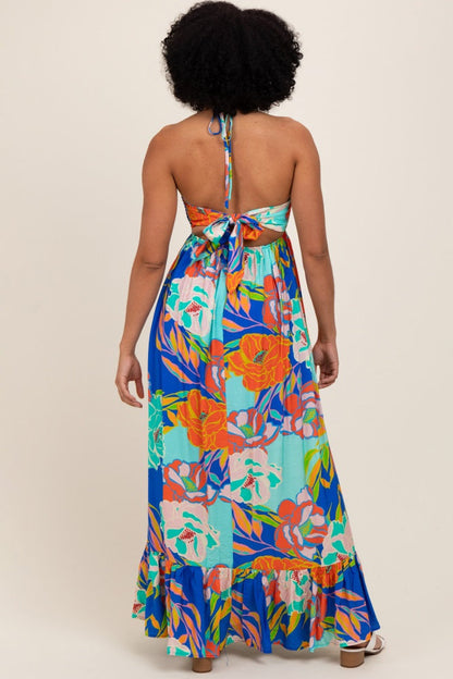 Royal Blue Floral Halter Cutout Tie Back Maxi Dress