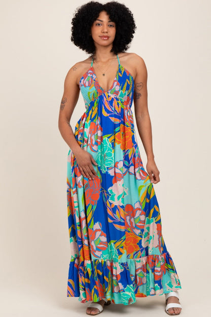 Royal Blue Floral Halter Cutout Tie Back Maxi Dress