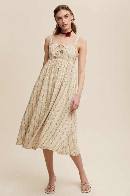 Light Olive Floral Embroidered Striped Midi Dress