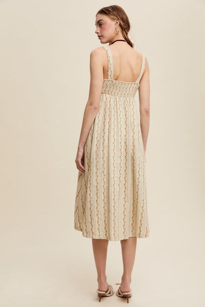 Light Olive Floral Embroidered Striped Midi Dress