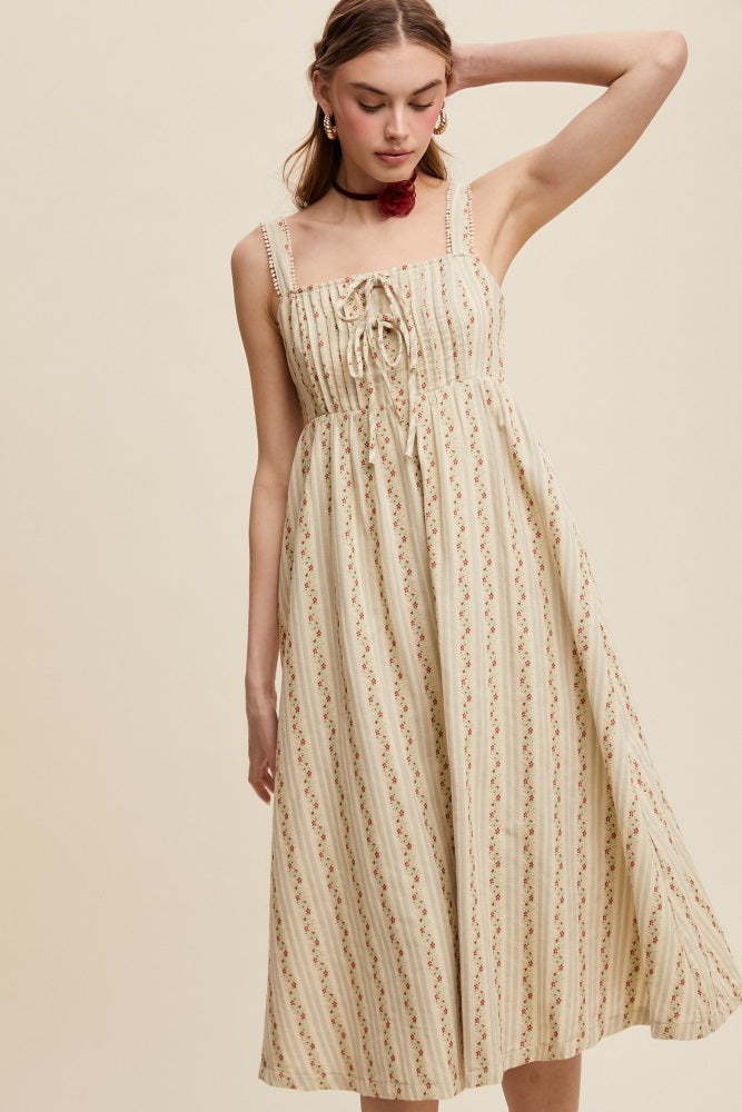 Light Olive Floral Embroidered Striped Midi Dress