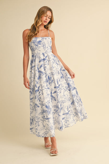 Blue Spaghetti Strap Printed A-Line Midi Dress
