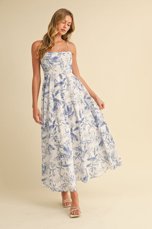 Blue Spaghetti Strap Printed A-Line Midi Dress