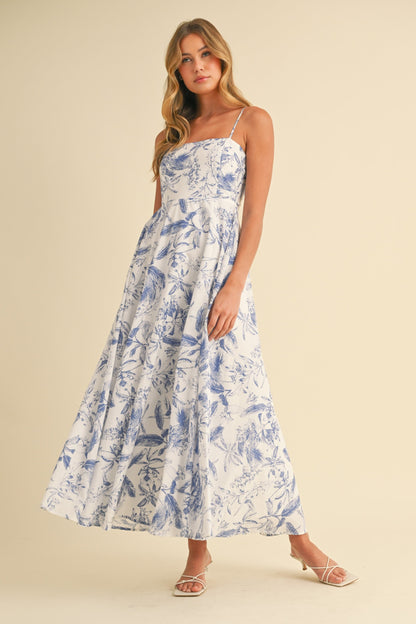 Blue Spaghetti Strap Printed A-Line Midi Dress