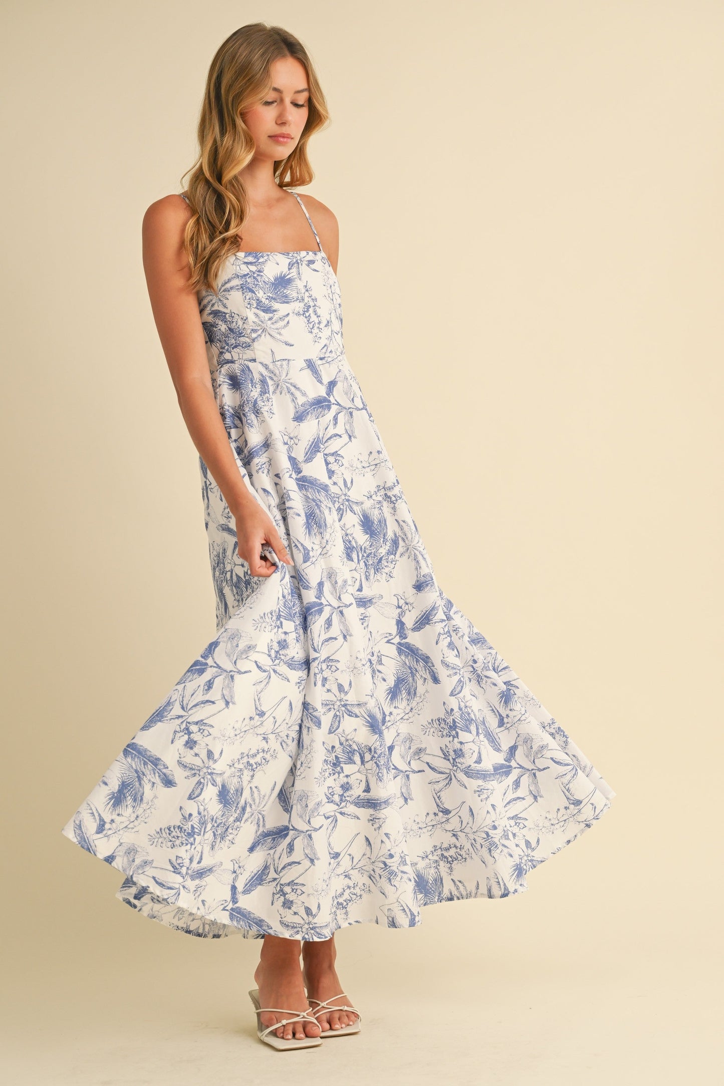 Blue Spaghetti Strap Printed A-Line Midi Dress
