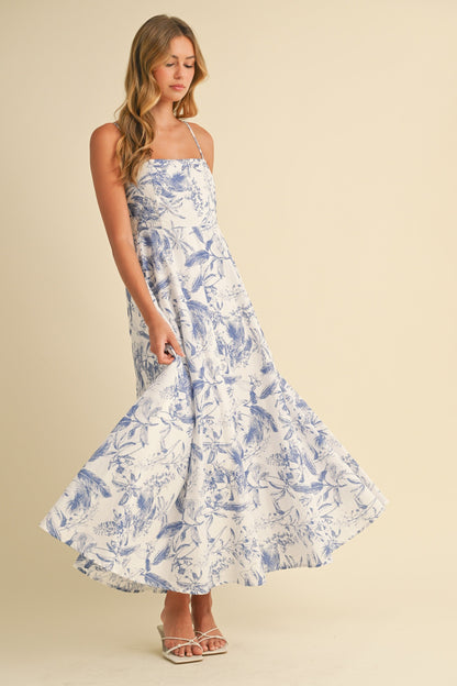 Blue Spaghetti Strap Printed A-Line Midi Dress