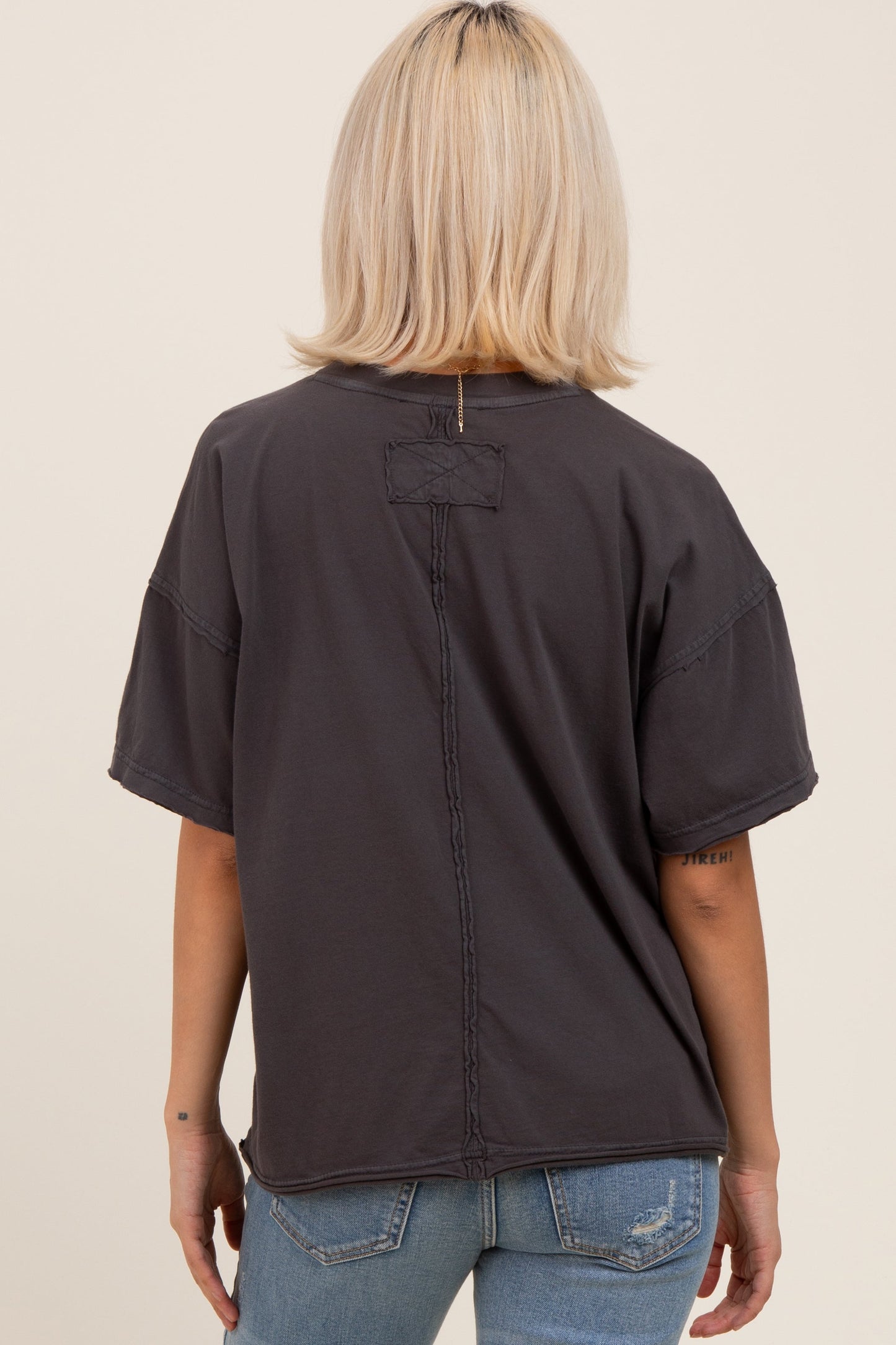 Black Boxy Raw Edge Maternity Short Sleeve Tee
