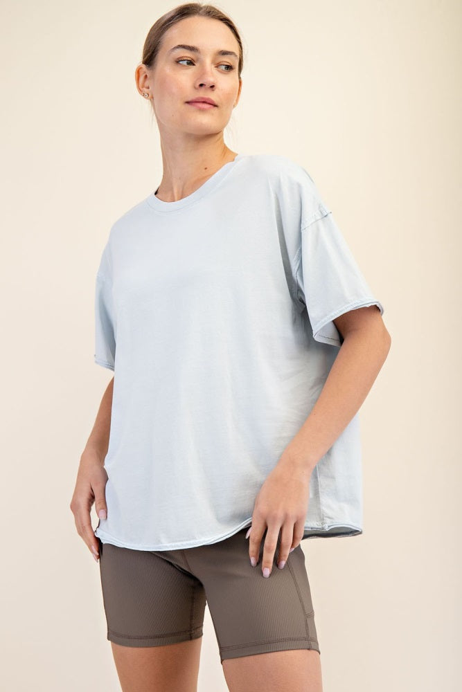 Light Blue Boxy Raw Edge Short Sleeve Tee