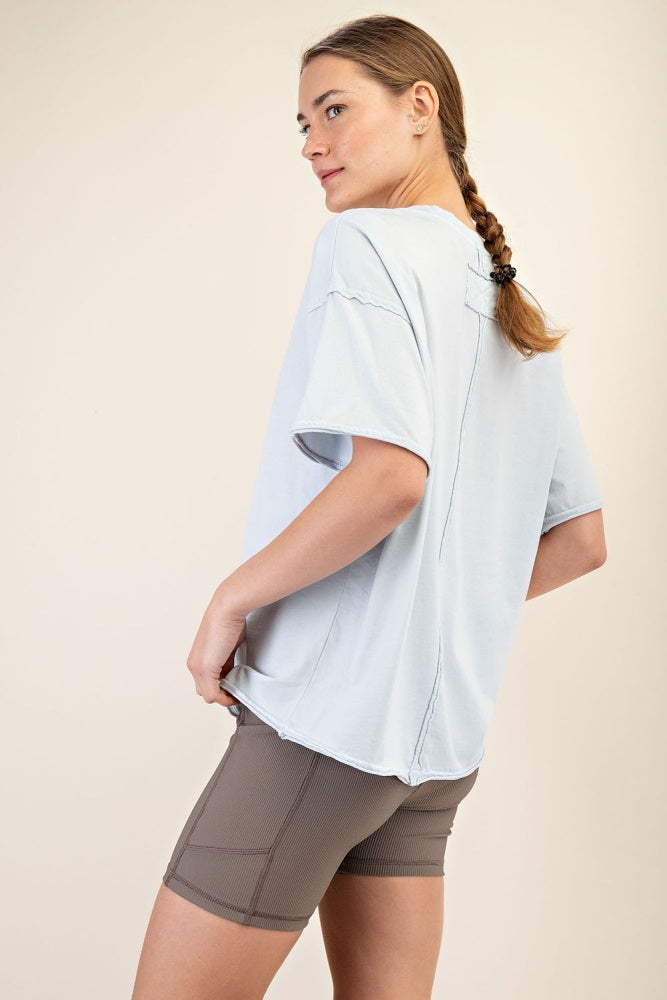 Light Blue Boxy Raw Edge Short Sleeve Tee