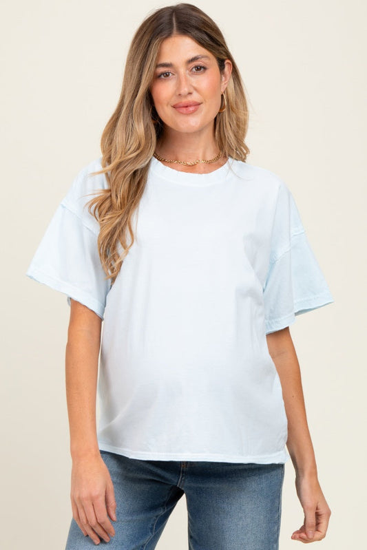 Light Blue Boxy Raw Edge Maternity Short Sleeve Tee