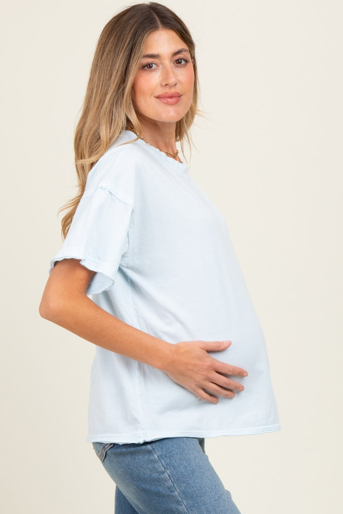 Light Blue Boxy Raw Edge Maternity Short Sleeve Tee