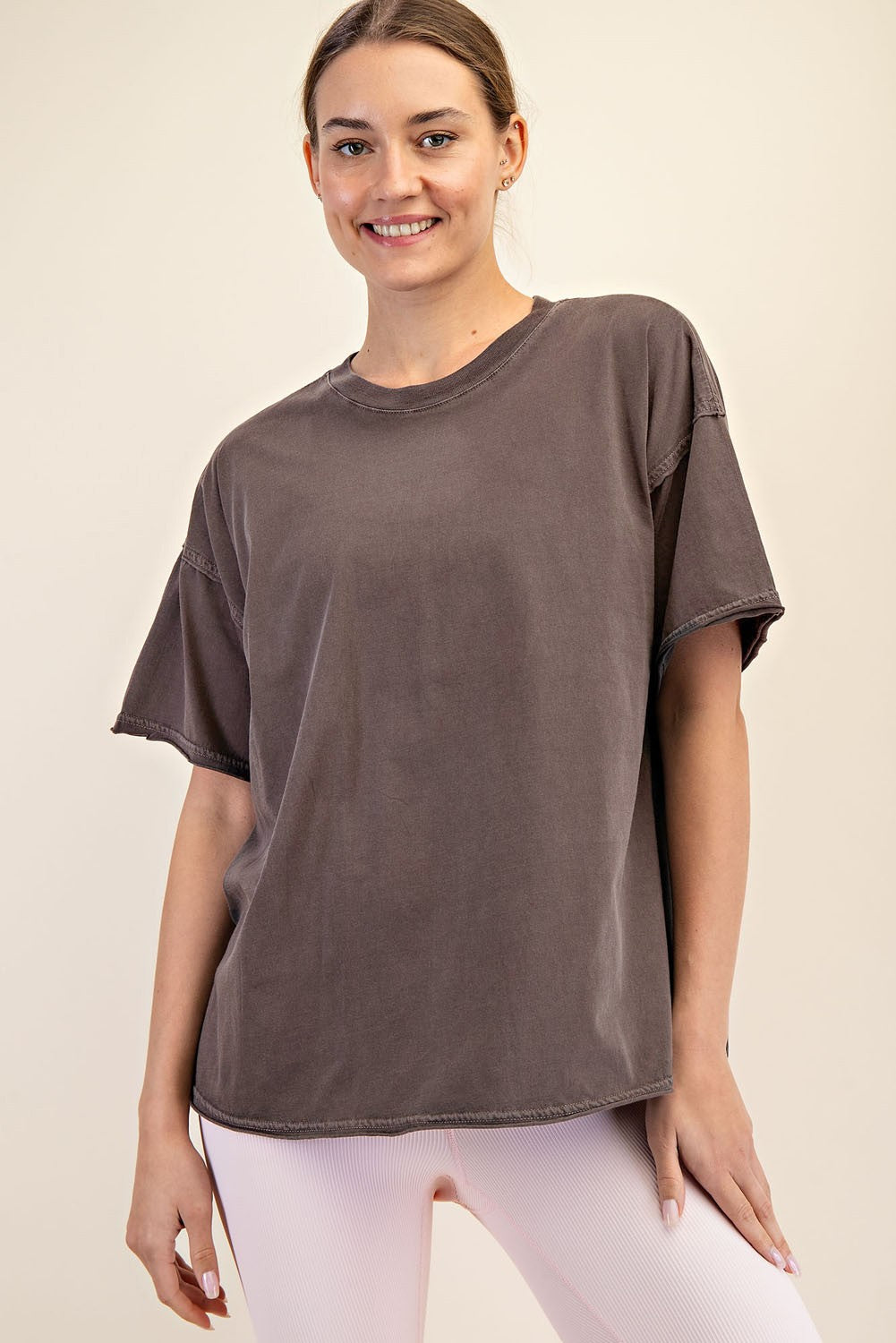 Mocha Boxy Raw Edge Maternity Short Sleeve Tee