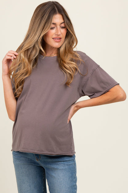 Mocha Boxy Raw Edge Maternity Short Sleeve Tee