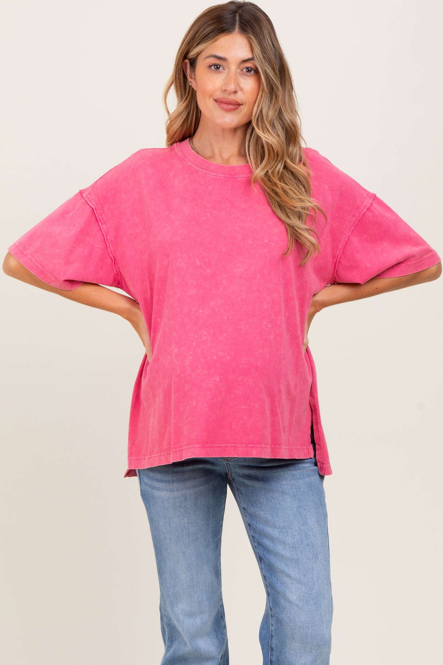 Fuchsia Washed Oversized Boxy Maternity Tee