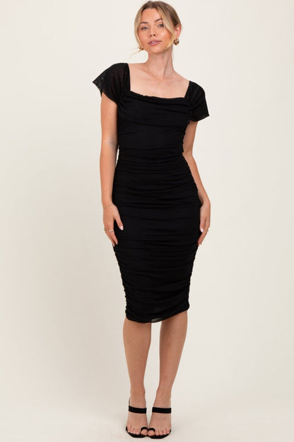 Black Mesh Ruched Off Shoulder Fitted Dress
