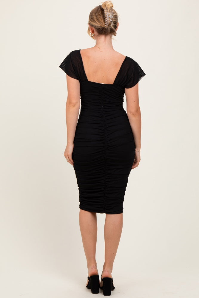 Black Mesh Ruched Off Shoulder Fitted Dress