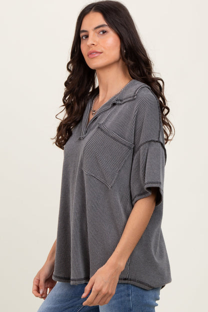 Charcoal Two Tone Ribbed Reverse Stitch Tunic Top