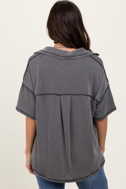 Charcoal Two Tone Ribbed Reverse Stitch Tunic Top