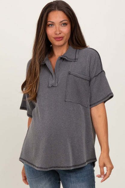 Charcoal Two Tone Ribbed Reverse Stitch Maternity Tunic Top