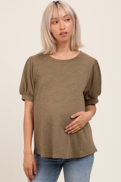 Olive Ribbed Puffed Sleeve Maternity Top