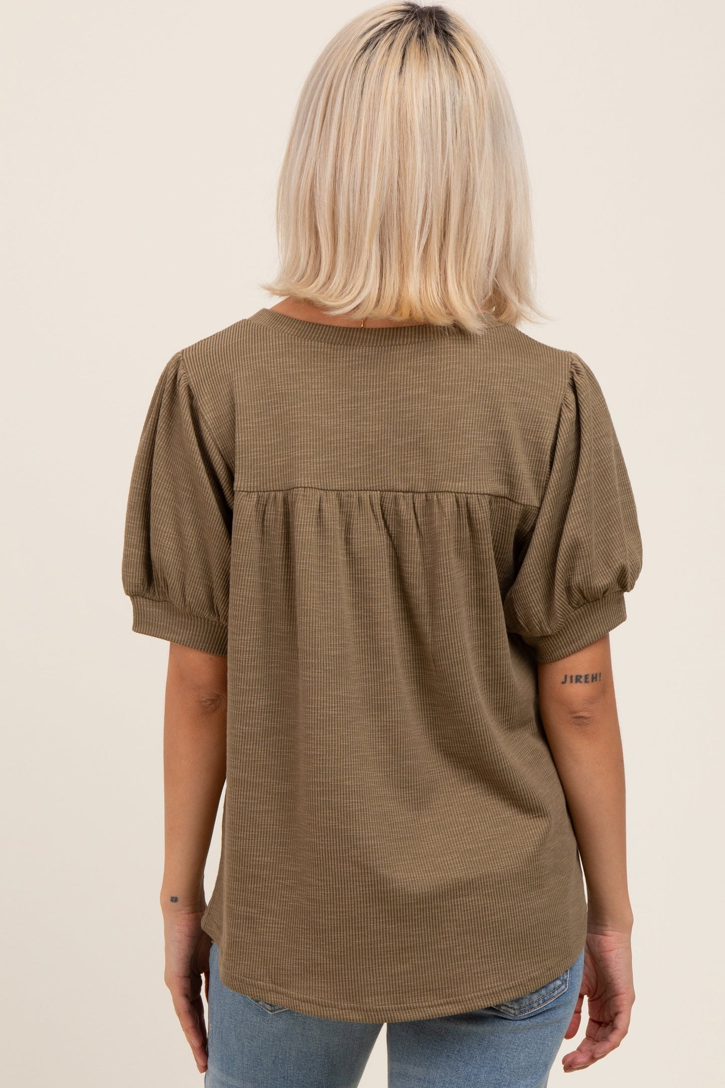 Olive Ribbed Puffed Sleeve Maternity Top