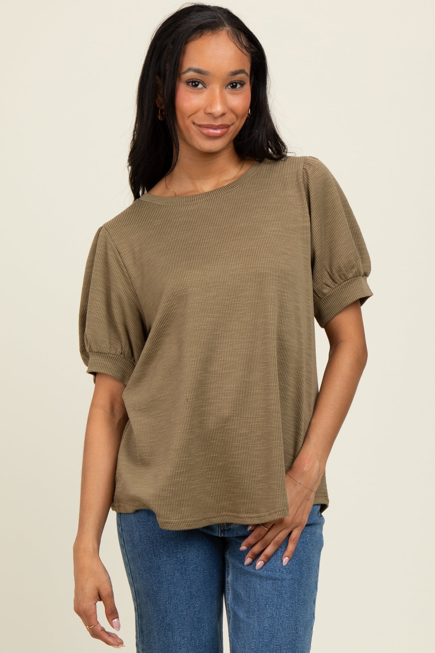 Olive Ribbed Puffed Sleeve Maternity Top