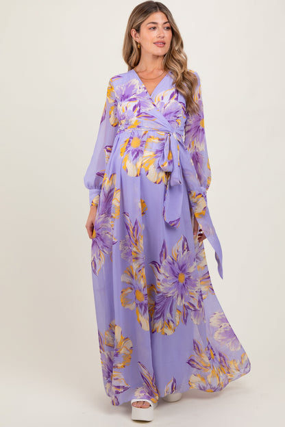 Lavender Floral Chiffon Sash Tie Maternity Wrap Maxi Dress