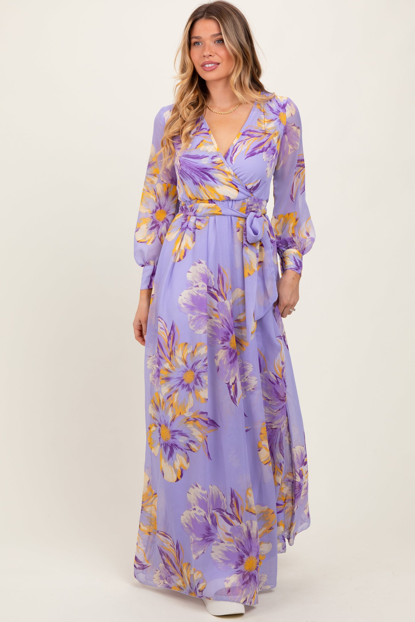 Lavender Floral Chiffon Sash Tie Maternity Wrap Maxi Dress