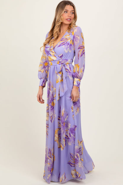 Lavender Floral Chiffon Sash Tie Wrap Maxi Dress